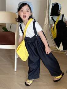 DAZY Young Girl Pleated Wide Leg Loose Casual Denim Bib Pants, Spring/Summer - Blue - View 3