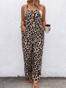 SHEIN PETITE Plus Size Women Leopard Print Double Pocket Casual Bib Overall Jumpsuit