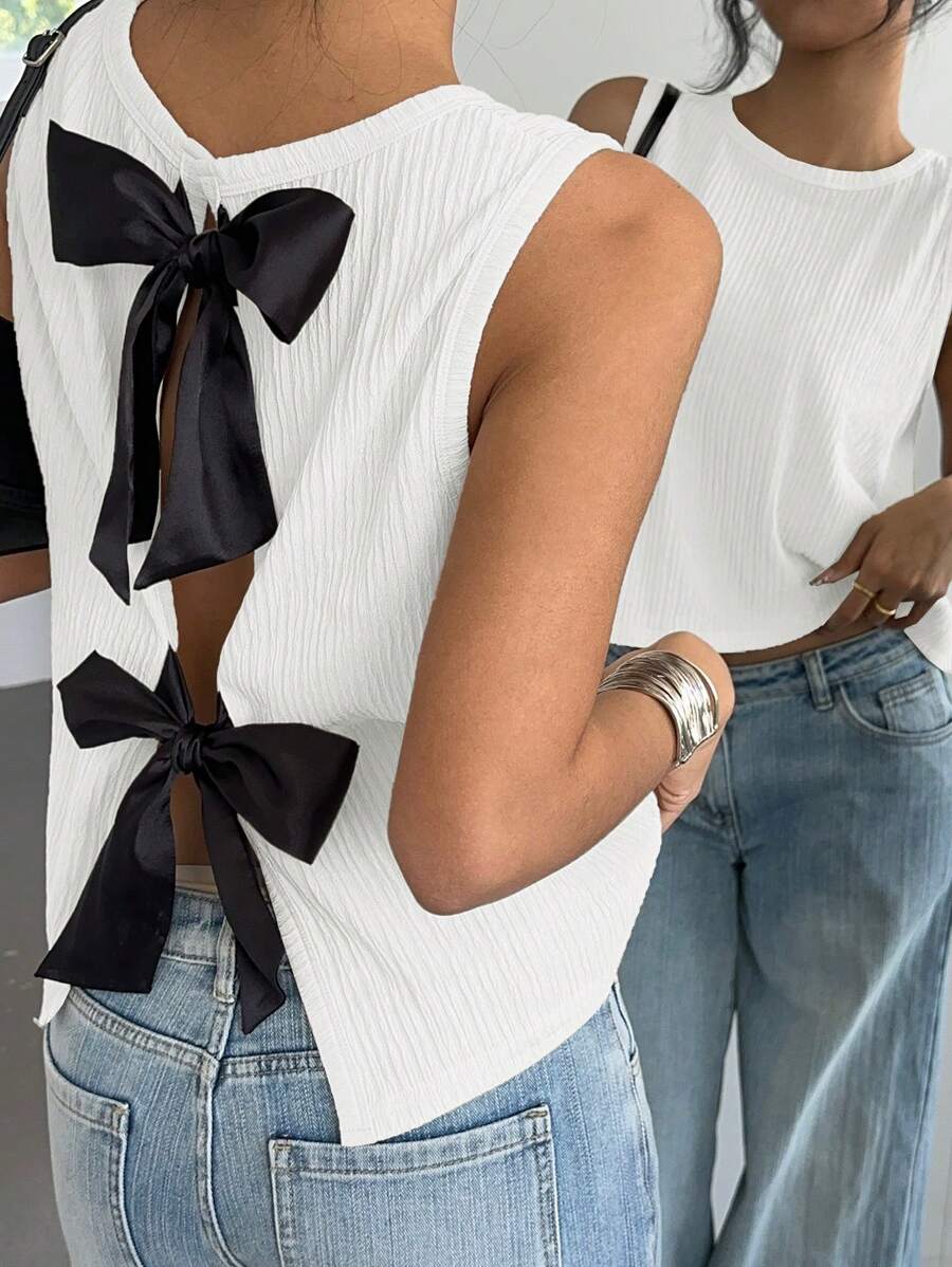 SHEIN Essnce Women's Knit Top With Colorblock And Oversized Bow Design On Back, Going Out Top, Valentine's Day - White - View 1