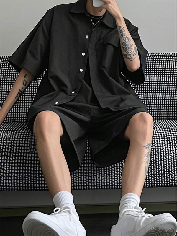 Manfinity Hypemode Men Flap Pocket Shirt & Drawstring Waist Shorts