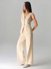 TRNVIE V领长背心＆休闲宽松直筒裤套装，春夏