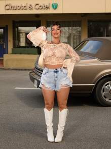 SHEIN ICON High Waist Loose Ripped Snowflake Print Denim Shorts - Blue - View 6