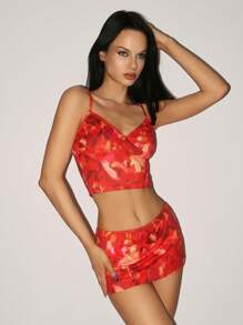 SHEIN ICON Set di canotta senza maniche con scollo a V e gonna aderente corti con stampa retrò, stile vacanziero, per l'estate