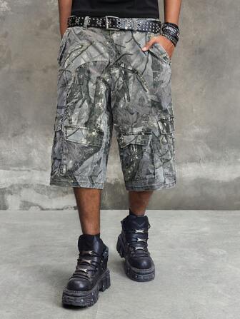 Men's Grunge Branch Pattern Cargo Pocket Casual Denim Shorts