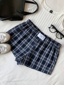 SHEIN PETITE CURVE Plus Size Women's Letter & Patch Pattern Loose Casual Shorts - Navy Blue - View 6