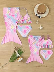 Young Girl Pinky Simple Fashion Beautiful Mermaid Printed Swimsuit Set, Random Print - Pink - View 1