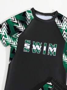 Tween Boy Floral Print Split Swimwear - Green - View 4