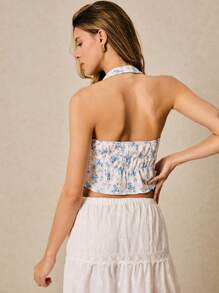 Poéselle 女式波西米亚风露背短款上衣：蓝色碎花针织系带吊带上衣 - 彩色 - 查看 2