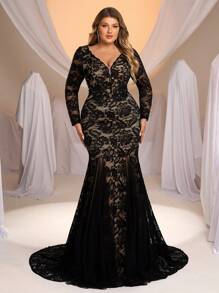 SHEIN Belle Plus Size Elegant Luxurious Lace V-Neck Long Sleeve Flared Stretchy Lace & Sheer Mesh Inset Sexy Backless Mermaid Maxi Dress, Suitable For Weddings, Parties, Holidays, Graduation, Bride - Black - View 1