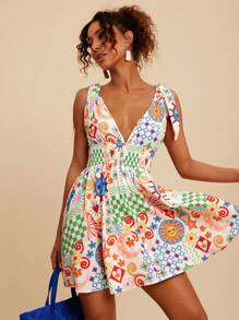 Travachic 女士梭织印花V领无袖迷你连衣裙，梭织图案印花，女士休闲夏季度假装，波西米亚海滩度假装，波西米亚风，乡村音乐会装，节日庆典装，女士海滩装，复古风女士装，夏季太阳裙，女士夏季连衣裙，毕业装，复古风女士装，夏季太阳裙，蝴蝶结肩带 - 彩色 - 查看 4