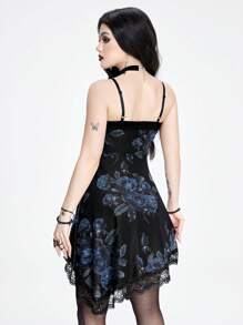 ROMWE Goth Women Rose Full Print Asymmetric Hem Lace Patchwork Slip Dress - Blue - View 4