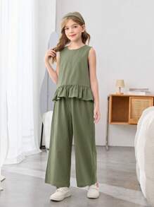 SHEIN Nova Glow Tween 女童两件套梭织纹理圆领无袖纽扣装饰拼接荷叶边修身衬衫和宽松阔腿舒适休闲裤，适合春季出游、田园风和休闲出游 - 軍綠色 - 查看 4