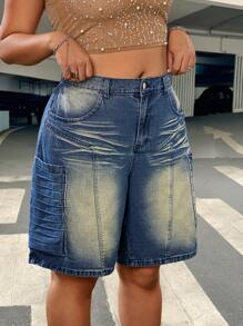 SHEIN ICON Y2K Streetstyle Washed Vintage Plus Size Bermuda Denim Shorts, Rave Outfits Festival - Medium Wash - View 1