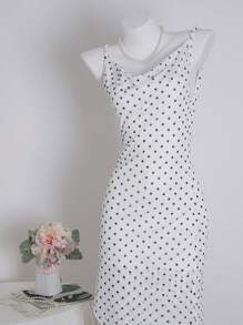 SHEIN Unity Women's Summer Polka Dot Mesh Dress With V-Neck, Vacation Style - White - View 4
