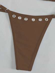 SHEIN Swim Springbreak 女士夏季铆钉性感派对音乐节休闲简约度假沙滩镂空系带吊带比基尼两件套泳衣，适合度假和海滩 - 咖啡棕 - 查看 6