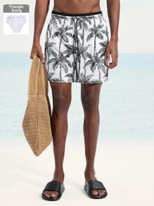 Surfspeed Men's Palm Tree Print Drawstring Waist Beach Shorts - Black - View 3