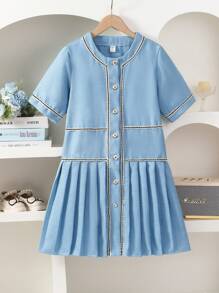 Elegantes Mädchenkleid im Madeline-Stil mit Falten, für Ausflüge, Partys und Veranstaltungen im Sommer - Blau - Übersicht 1