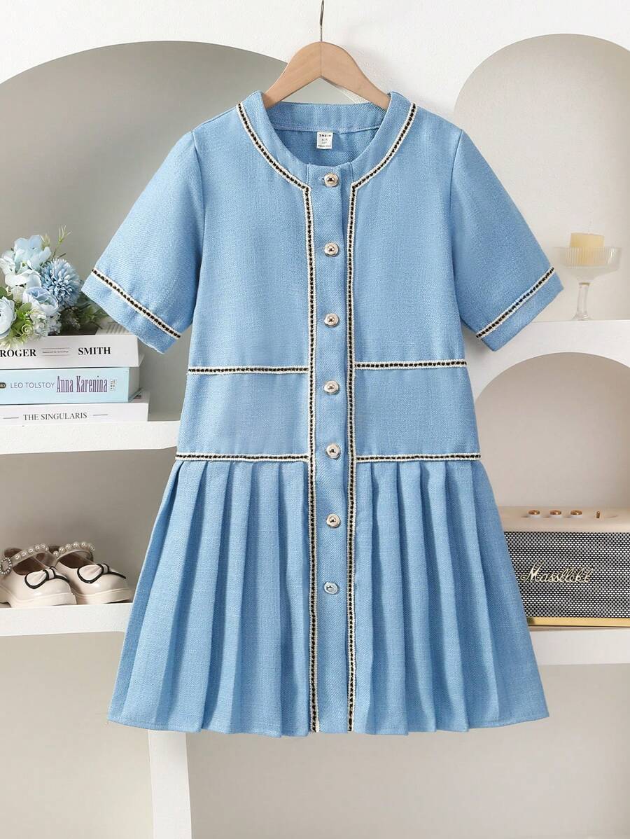 Elegantes Mädchenkleid im Madeline-Stil mit Falten, für Ausflüge, Partys und Veranstaltungen im Sommer - Blau - Übersicht 1