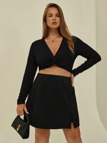 Auralis Plus Twist Front Solid Crop Tee - Black - View 5