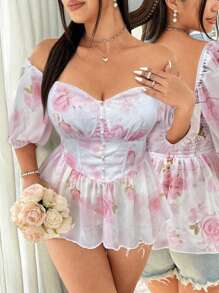 Flirla 休闲甜美印花短袖衬衫，简约时尚，适合夏季 - 粉色 - 查看 5