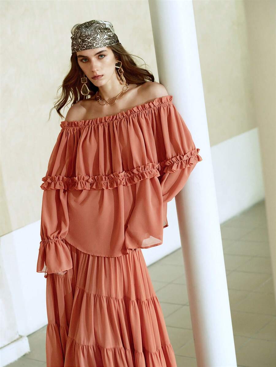 女士法式优雅单肩层叠荷叶边袖抽绳橙色雪纺衬衫，夏季上衣，长袖上衣，节日，波西米亚风 - 亮橙色 - 查看 1