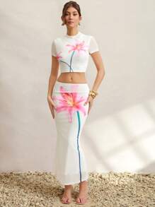 L'Amorae Floral Print Low Waist Fish Tail Skirt For Vacation, Brunch Outfits For Women, Mother's Day