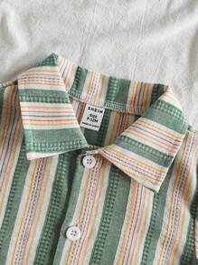 SHEIN Vintaside Kids Baby Boy Spring Summer Casual Outfit: Striped Short Sleeve Polo Shirt And Fashion Washed Denim Shorts Set, Suitable For Home, Resort, Gathering With Friends