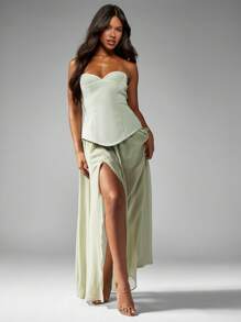 MISSGUIDED Strapless Sweetheart Neckline Maxi Dress With Corset-Style Bodice Pleated Skirt Split Leg Special Occasion Wedding Guest Summer Spring Formal Gown - Green - View 4