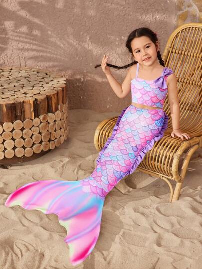 Young Girl Swimwear Set - Cute Mermaid Swimwear, Beach Resort Tankini With Shorts