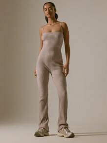 MUSERA Ribbed Strappy Fitted Flare Jumpsuit Vacation, Casual, Airport Outfit  Chic - Grey - View 4