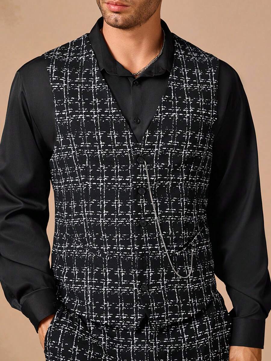 Manfinity VCAY Bộ vest vest nam dệt họa tiết kẻ caro giản dị không tay dáng rộng - màu đen - Xem 1