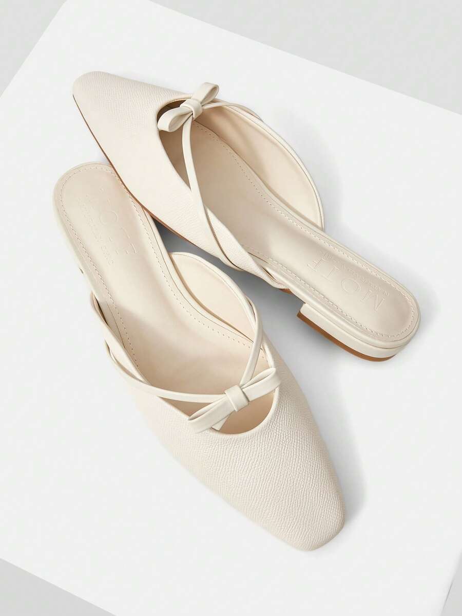 MOTF PREMIUM WOMEN'S FASHION SIMPLE SQUARE TOE BOW DECOR FLATS - White - View 1