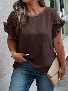 SHEIN Clasi Camicetta casual con volant sulle maniche, di colore solido, per donne taglie forti, estiva