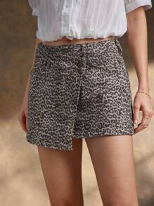 WESTFADE Asymmetrical Hem Button Front Mini Cheetah Print Denim Skirt Spring Break Cute Casual Beach Vacation - Multicolor - View 4