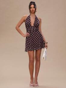 SHEIN BAE Women's Summer Dress Polka Dot Backless Mini Dress/Women's Summer Dress/Women's Summer Dress/Elegant Women's Dress/Graduation Dress/Women's Casual Dress/Women's Wedding Guest Dress/Women's Holiday Dress/Polka Dot,Summer Dresses For Women,Polka Dot Dress - Coffee Brown - View 3