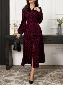 Modelyn Vestido largo de noche elegante para mujer con cuello de contraste de terciopelo, estampado de leopardo y dobladillo con volantes