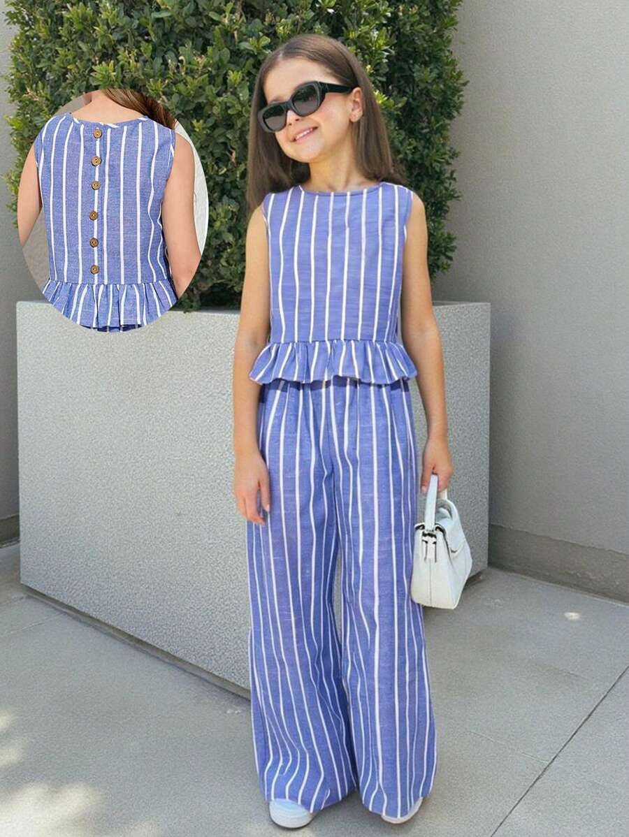 Firerie Kids Firerie Kids Nova Glow Tween Girls Vacation Casual Striped Sleeveless Top And Straight Leg Pants Set Holiday Outfits - Blue - View 1