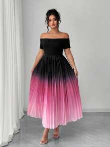 Elenzga Plus Size Women's New Design Sexy Romantic Hot Selling Off Shoulder Elastic Waist Casual Versatile Ombre Color Digital Print Pleated Slimming Elegant Dress, Spring/Summer - Multicolor - View 3