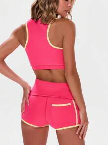 Musera Sport Racerneck Contrast Trim Cut Out Crop Top Active Workout Gym ,Padel, Tennis, Pickleball Gym Fitness - Multicolor - View 3