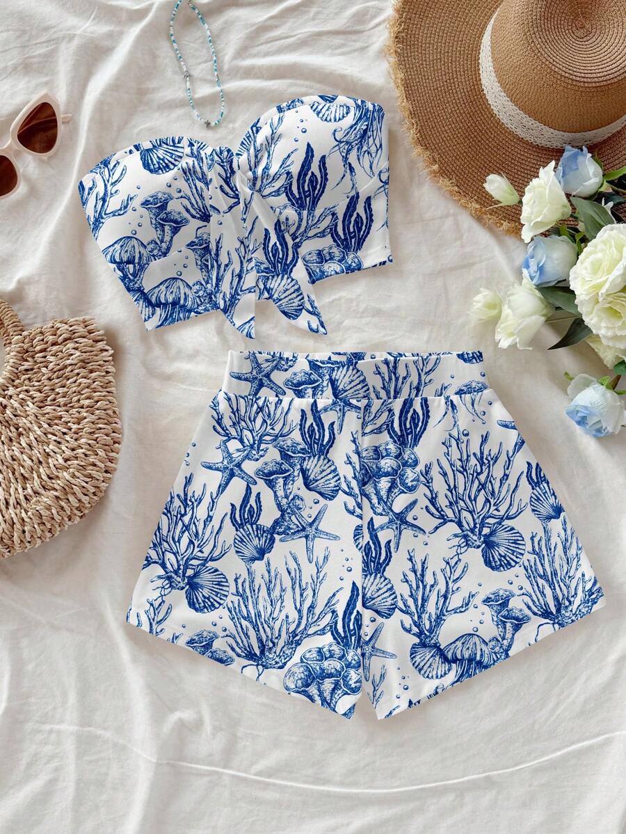 Soleia 2 件套休闲海洋动物印花短款系带前抹胸上衣和紧身迷你短裤，加大码，适合夏季和度假 Vcay 夏季服装 2 件套夏季套装女士沙滩套装，度假服装女士 - 彩色 - 查看 1