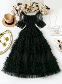 DreamSkyne 优雅浪漫束腰露肩度假网眼连衣裙，大码女式，适合派对、婚礼、夏季 - 黑色 - 查看 2