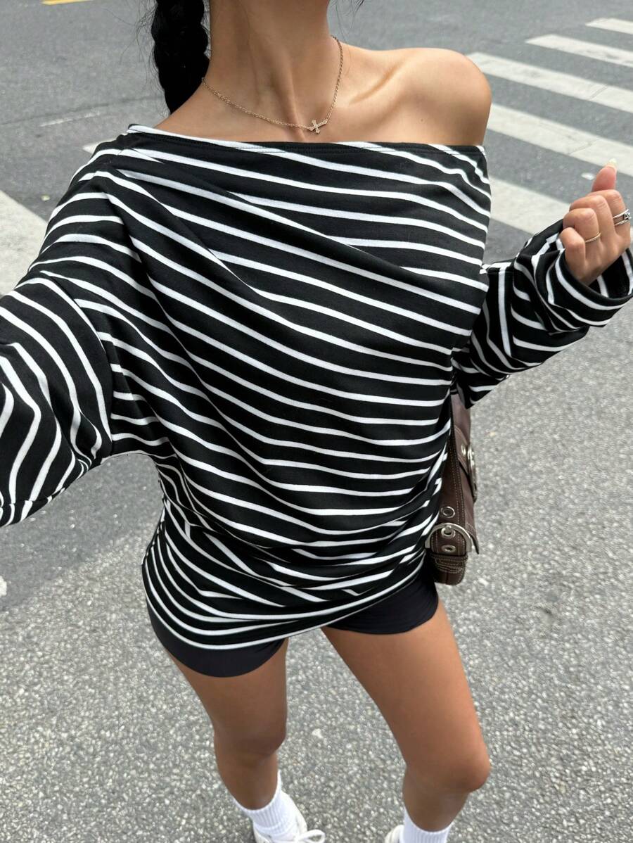 Muchica Women's Casual Black And White Striped Off-The-Shoulder Knitted Sweatshirt With Long Sleeves And Asymmetrical Neckline - Black and White - View 1