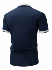 Manfinity Homme 条纹蓝白灰撞色扁平蕾丝拉链休闲 Polo 短袖衬衫 - 彩色 - 查看 2