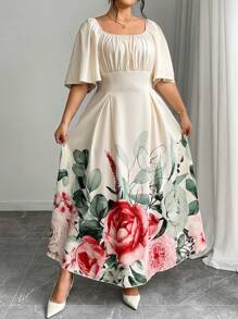 Modelyn Plus Size Jacquard Color-Block Long Sleeve Waist-Cinched A-Line Dress - Red - View 7