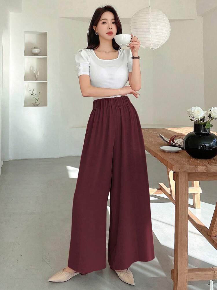 Women Textured Elastic Waist Loose Wide Leg Long Pants,Fall Clothes,Teacher Pants