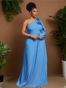 Slaydiva Vestido azul de talla grande elegante y de fiesta y romántico y casual, con hombro descubierto, calado y abertura con flores 3D - Azul - Ver 5