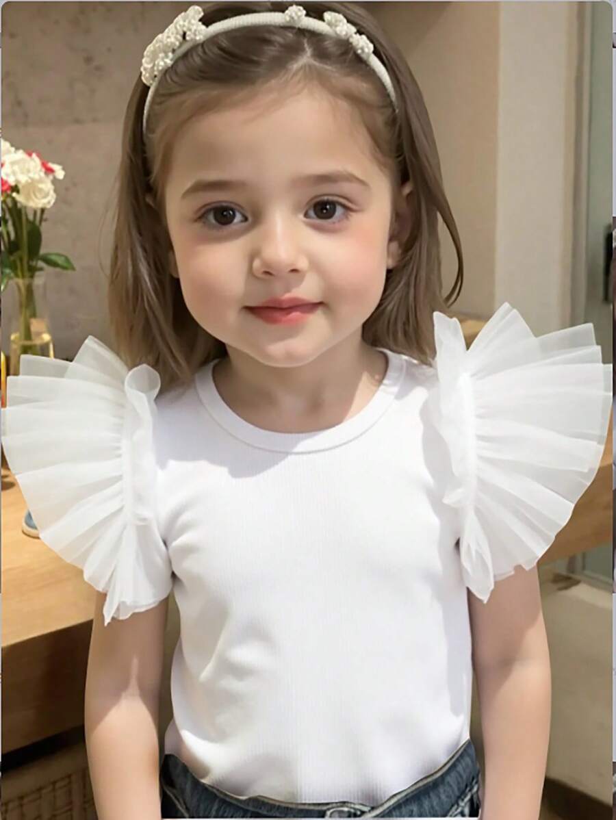 SHEIN Elladie kids Young Girl Easter Ruffle Hem Short Sleeve T-Shirt, Suitable For Casual Outings And Vacation, Summer - White - View 1