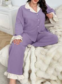 SHEIN Conjunto de pijama de manga larga con cuello con volantes, pantalones largos y colores contrastantes en talla grande