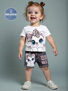 Baby Mädchen Sommer Lässig süß Kaninchen Muster Kurzarm Rundhals T-Shirt und Jeans Shorts Set - Weiss - Übersicht 1
