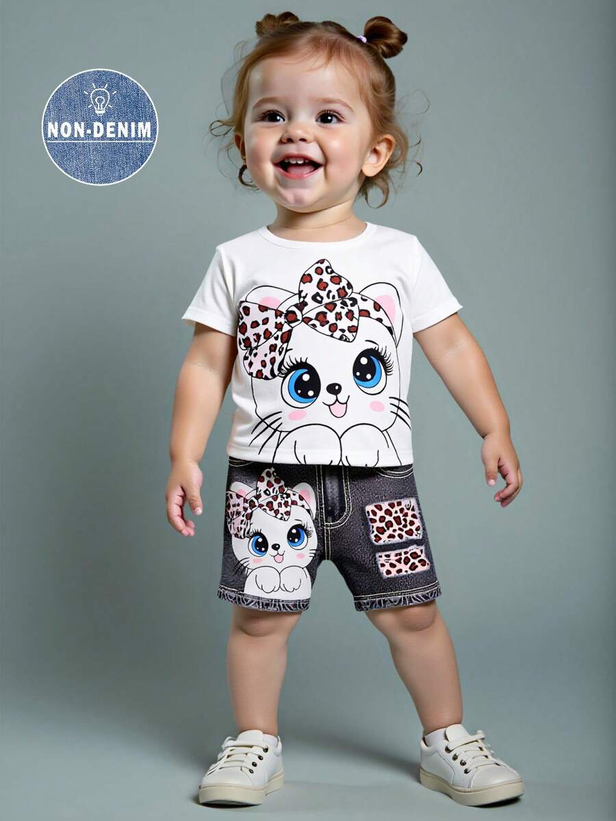 Baby Mädchen Sommer Lässig süß Kaninchen Muster Kurzarm Rundhals T-Shirt und Jeans Shorts Set - Weiss - Übersicht 1